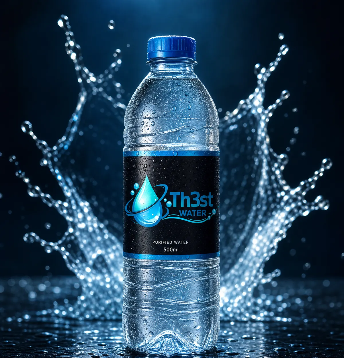 A Th3st Water bottle surrounded by a splash of water