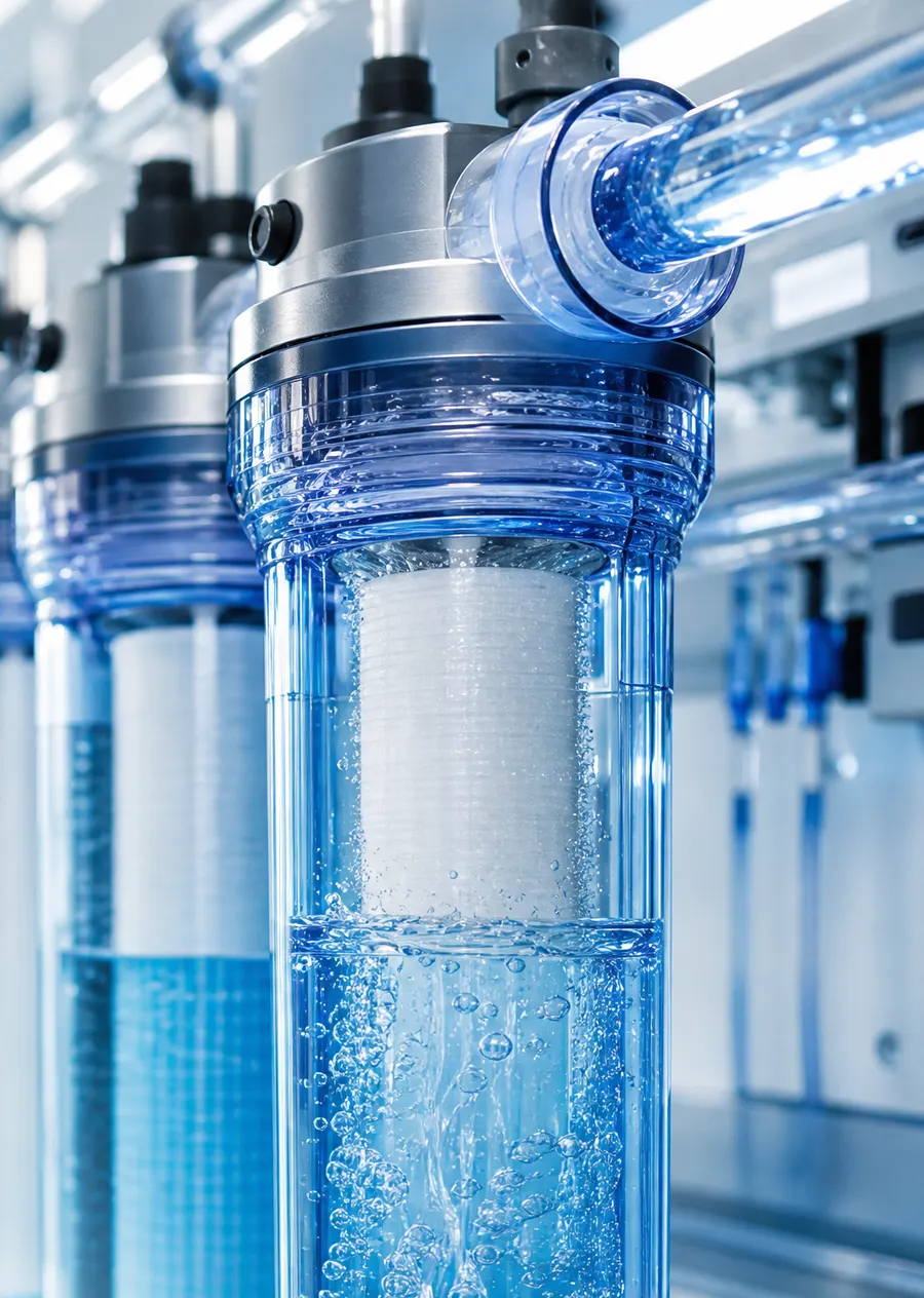 Clear filtration housings with water moving through them