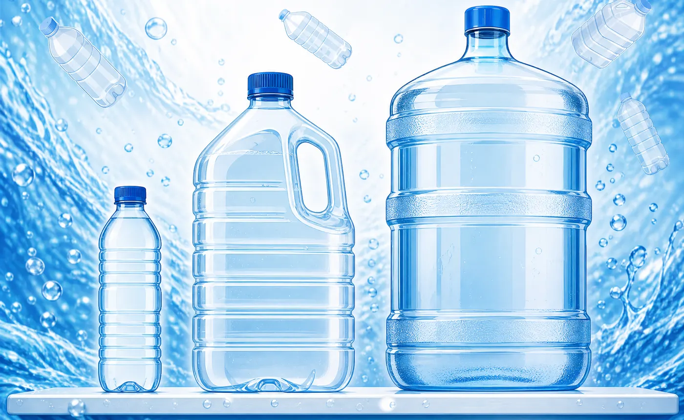 A small bottle, a jug and a large water container on a shelf